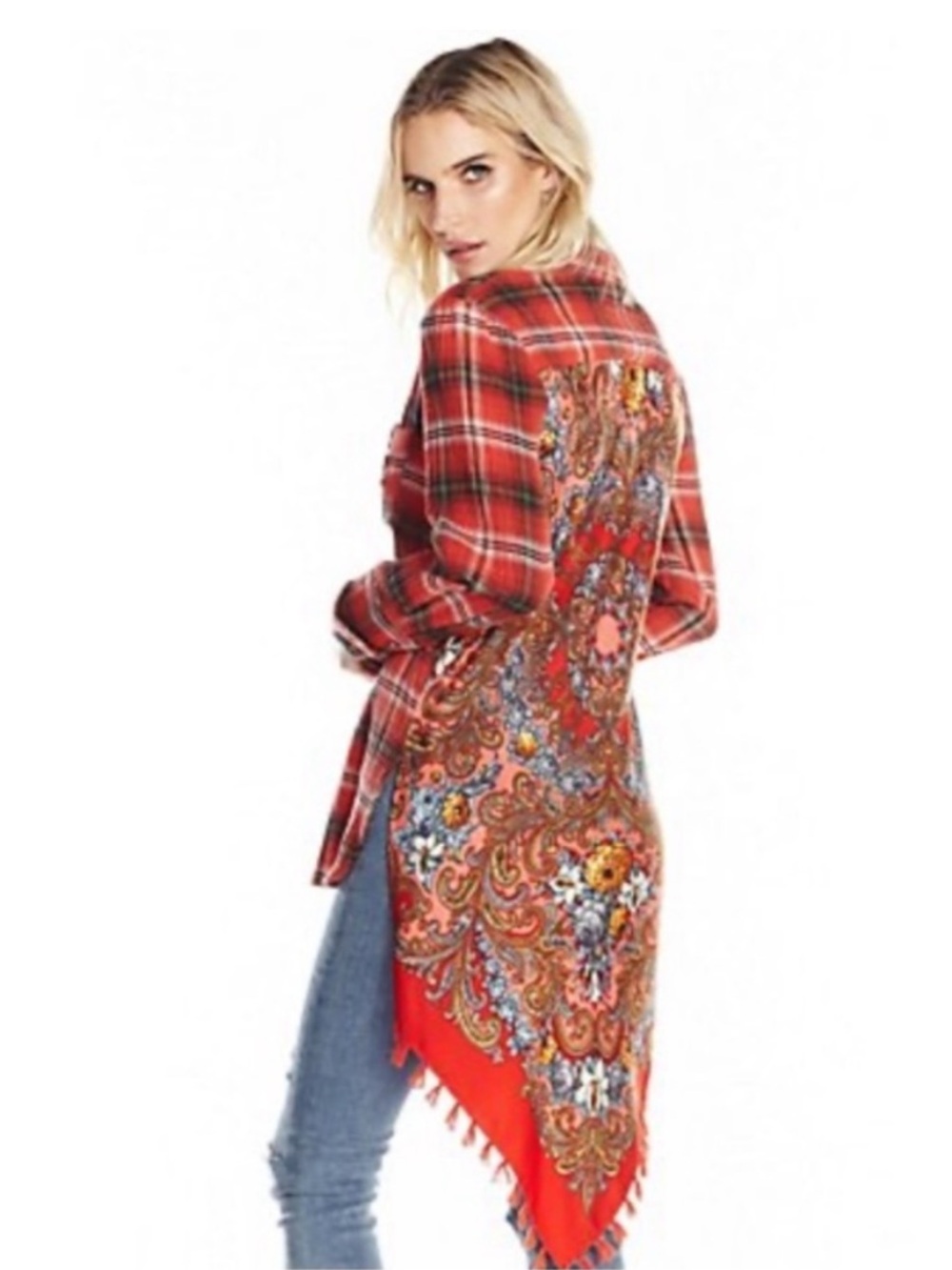 Aratta Red Plaid Button-Down with Paisley Asymmetric Back